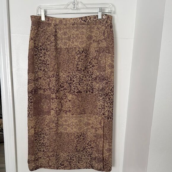 Talbots Elegant Brown Patterned Silk Midi Skirt Size 14 - Picture 1 of 11